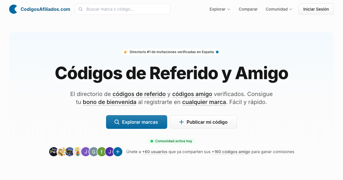 Portada de CodigosAfiliados.com: buscador y directorio de códigos de referido